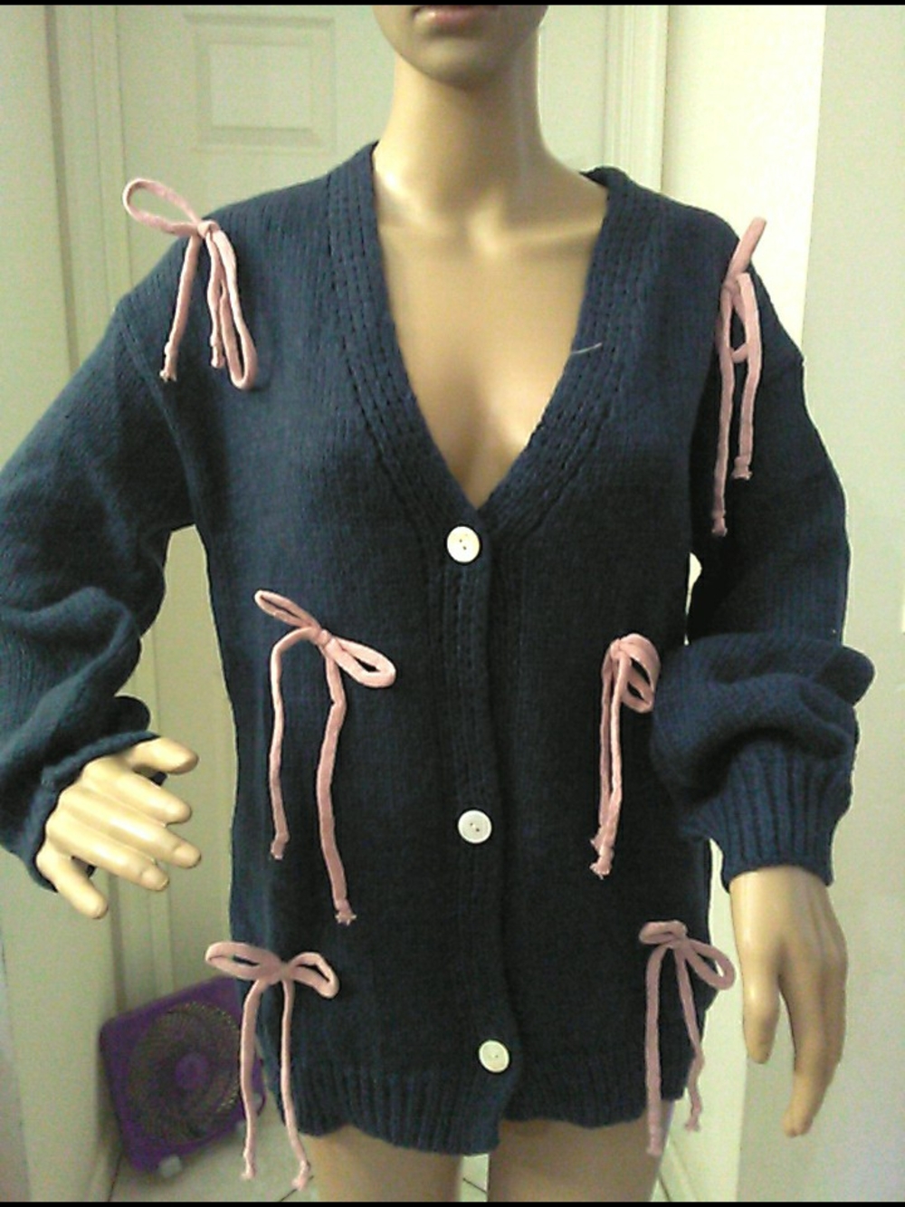 NWT FASHION CLOTHING Navy Blue Button-Front Women's Sweater Pink Ribbons SZ. SM